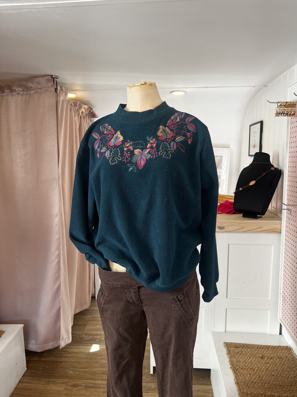 Teal Fleece Crewneck Sweatshirt with Colorful Leaf and Berry Embroidery